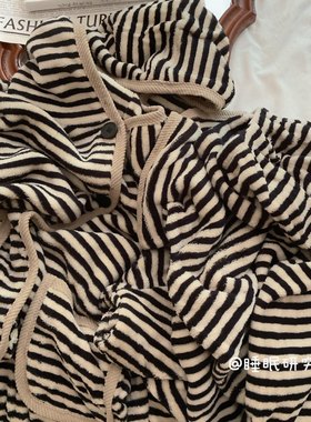 【弥敦道】秋冬季女睡衣法兰绒两件套条纹家居服休闲简约可外穿