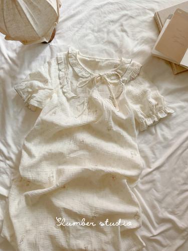 【氧气森林】夏季女睡衣纯棉短袖睡裙绉布兔子泡泡袖睡眠研究生