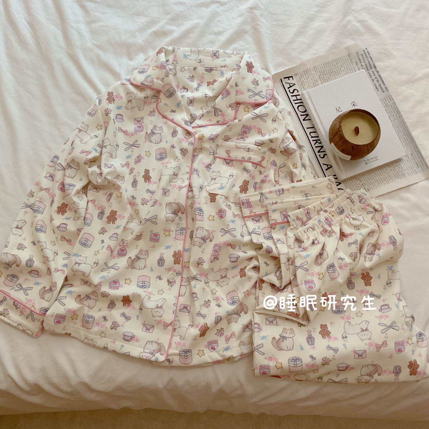 【煮热红茶】秋冬季女睡衣软料蓄热德绒家居服套装猫咪 开衫