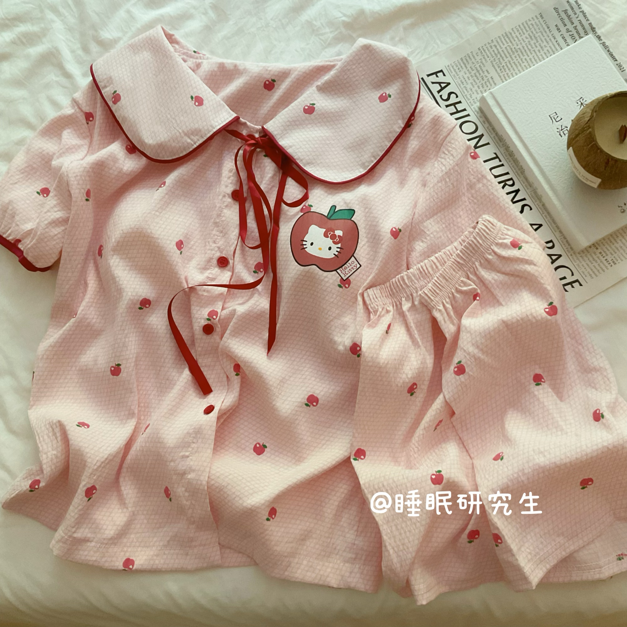 【甜酿果子酒】带胸垫夏季女睡衣小奶皮可外穿三件套小苹果Kitty