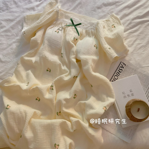 【抹茶豆乳】带胸垫夏季女睡衣纯棉睡裙绉布短袖碎花家居服蝴蝶结