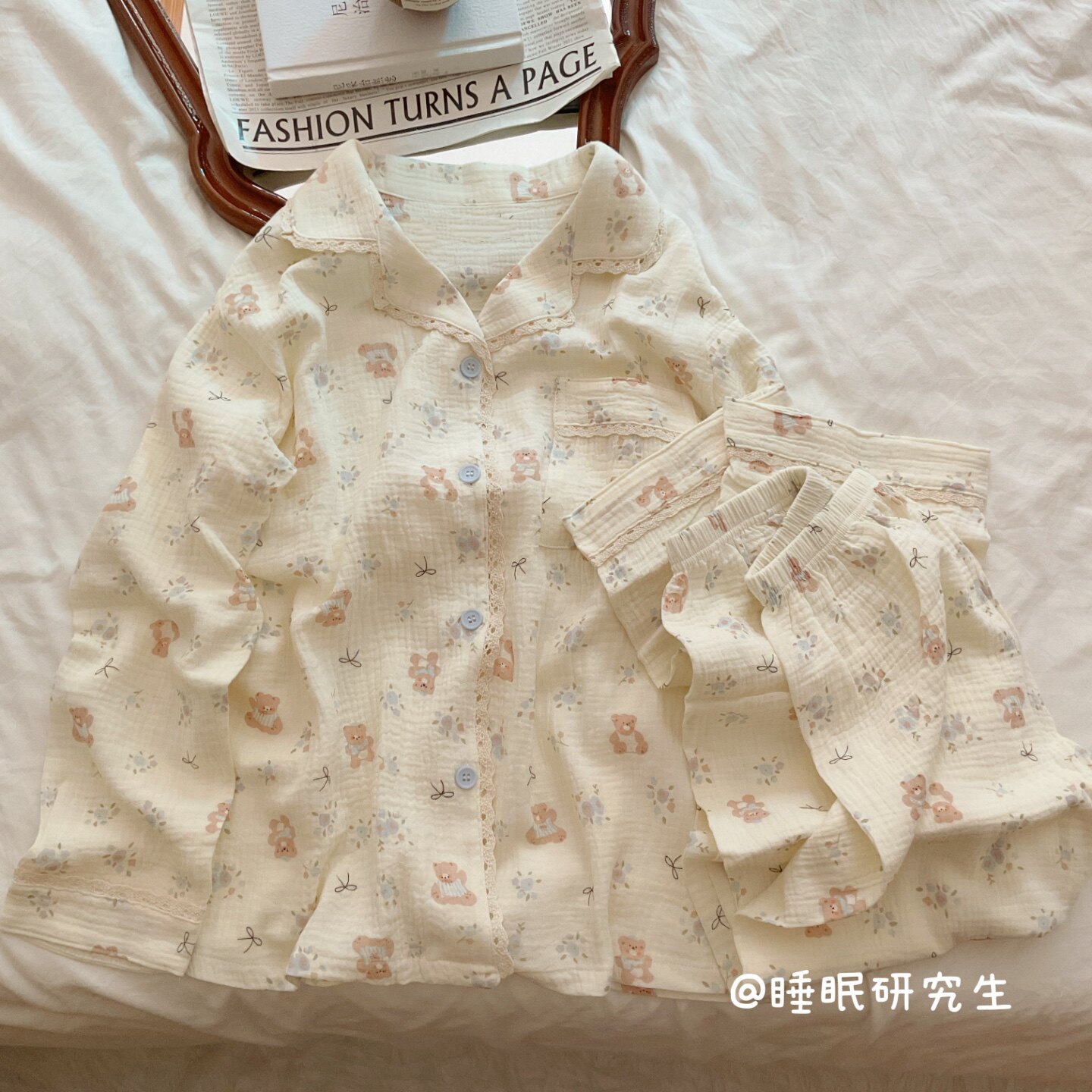 【铃兰小熊宝】春夏季女睡衣家居服软料婴儿双层纱纯棉套装