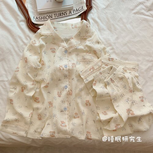 【铃兰小熊宝】春夏季女睡衣家居服软料婴儿双层纱纯棉套装
