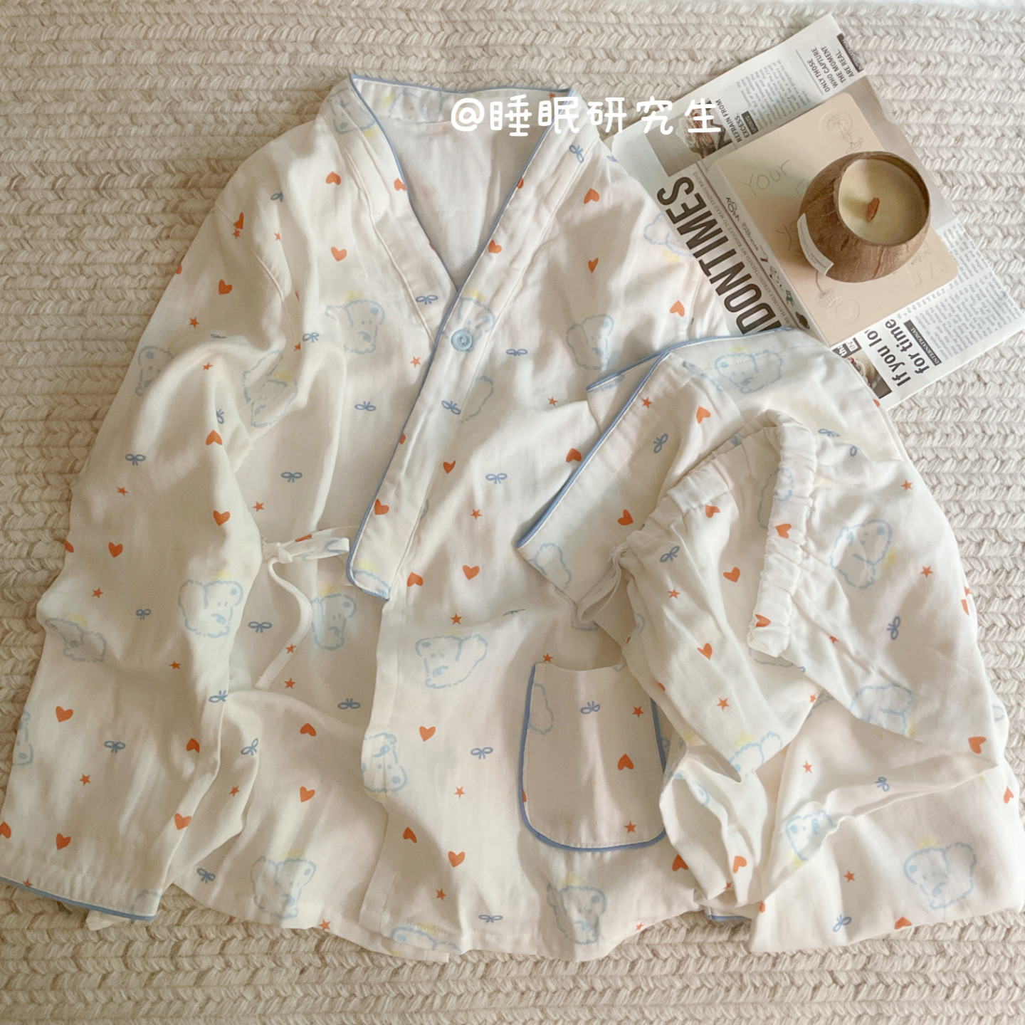 【薄荷海兰】春夏季女月子服软料棉纱无领长袖和风系带全棉套装