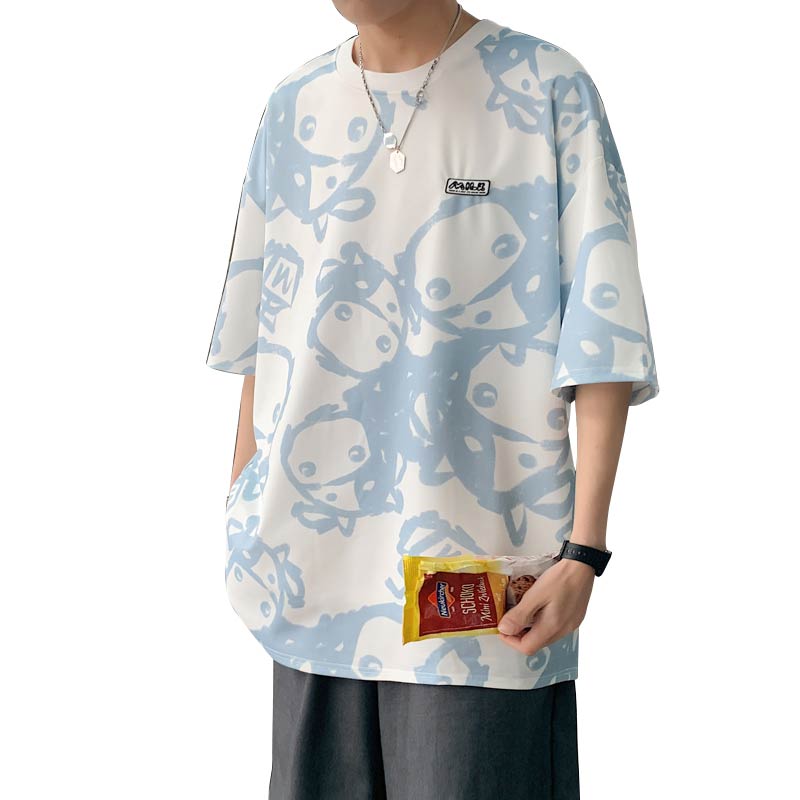 wassuphappy涂鸦粉色冰丝短袖t恤男夏季薄款凉感潮流情侣七分袖,男装T恤,电商A161