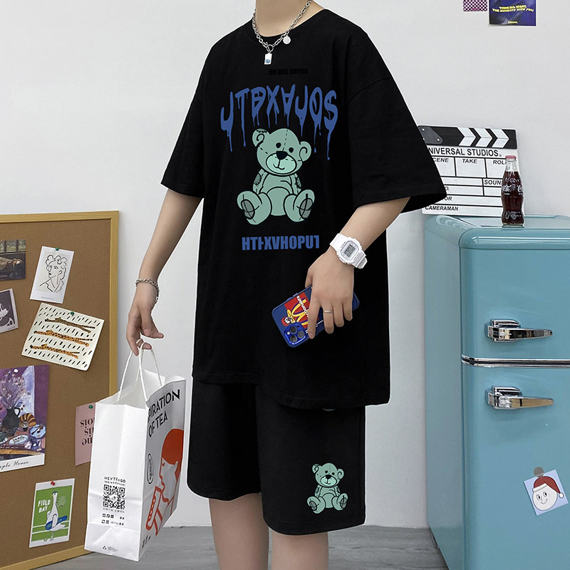 短袖t恤套装夏季潮流宽松休闲运动服装潮牌帅气搭配A161-TZ08,男装休闲套装,电商A161