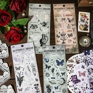蝴蝶梦呓复古pet模切贴纸欧美怀旧蝴蝶花卉英文手帐diy素材装饰贴