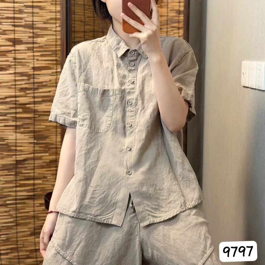老钱风100%汉麻文艺复古风半袖衬衫女宽松百搭外套