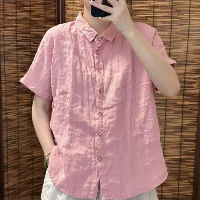 100%汉麻老钱风翻领短袖宽松百搭显瘦女士衬衫T恤