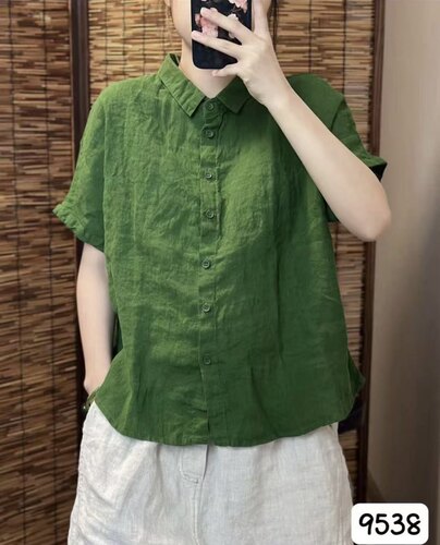 100%亚麻老钱风翻领短袖宽松百搭显瘦女士衬衫T恤