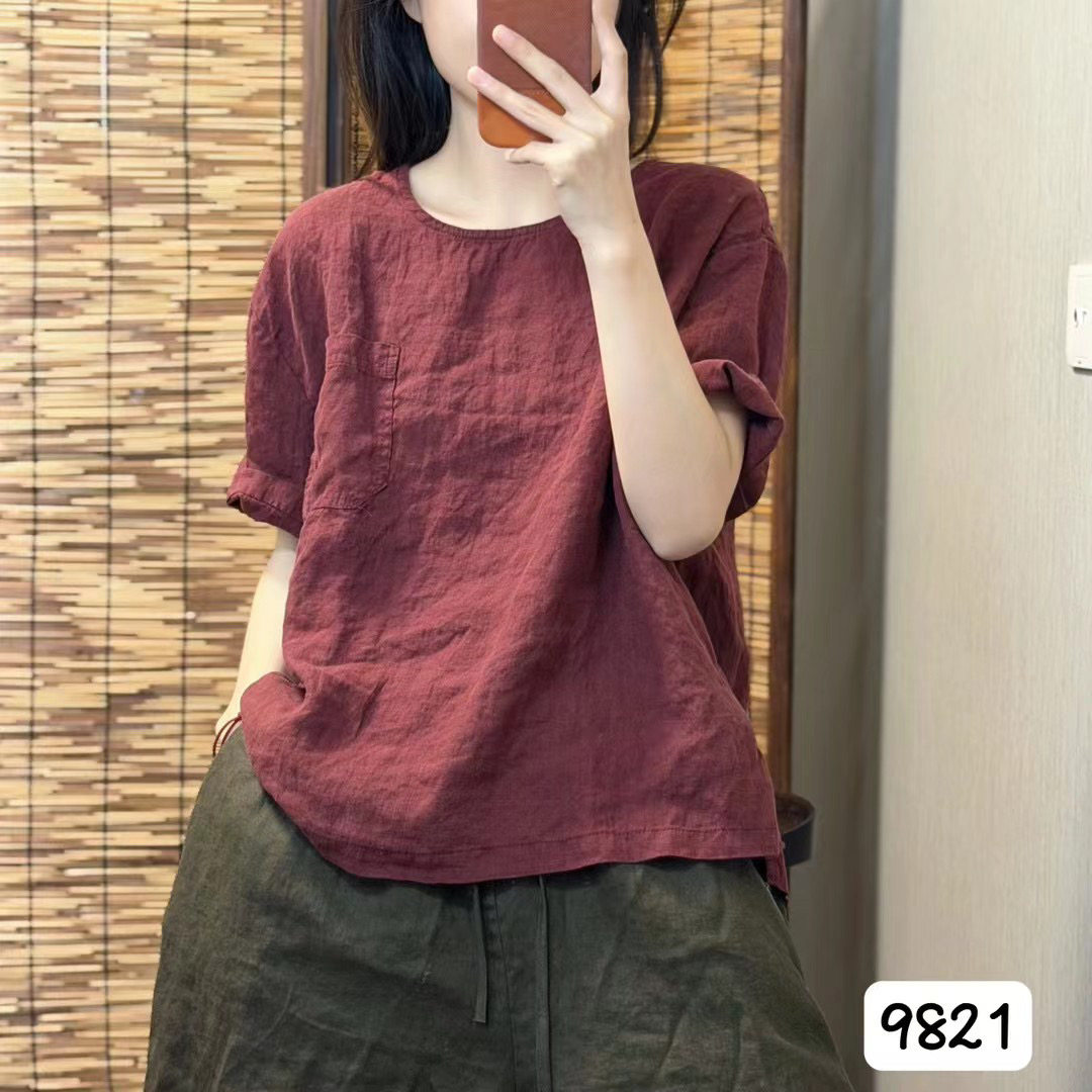 老钱风100%双雨露亚麻夏季复古宽松圆领百搭女士短袖T恤上衣
