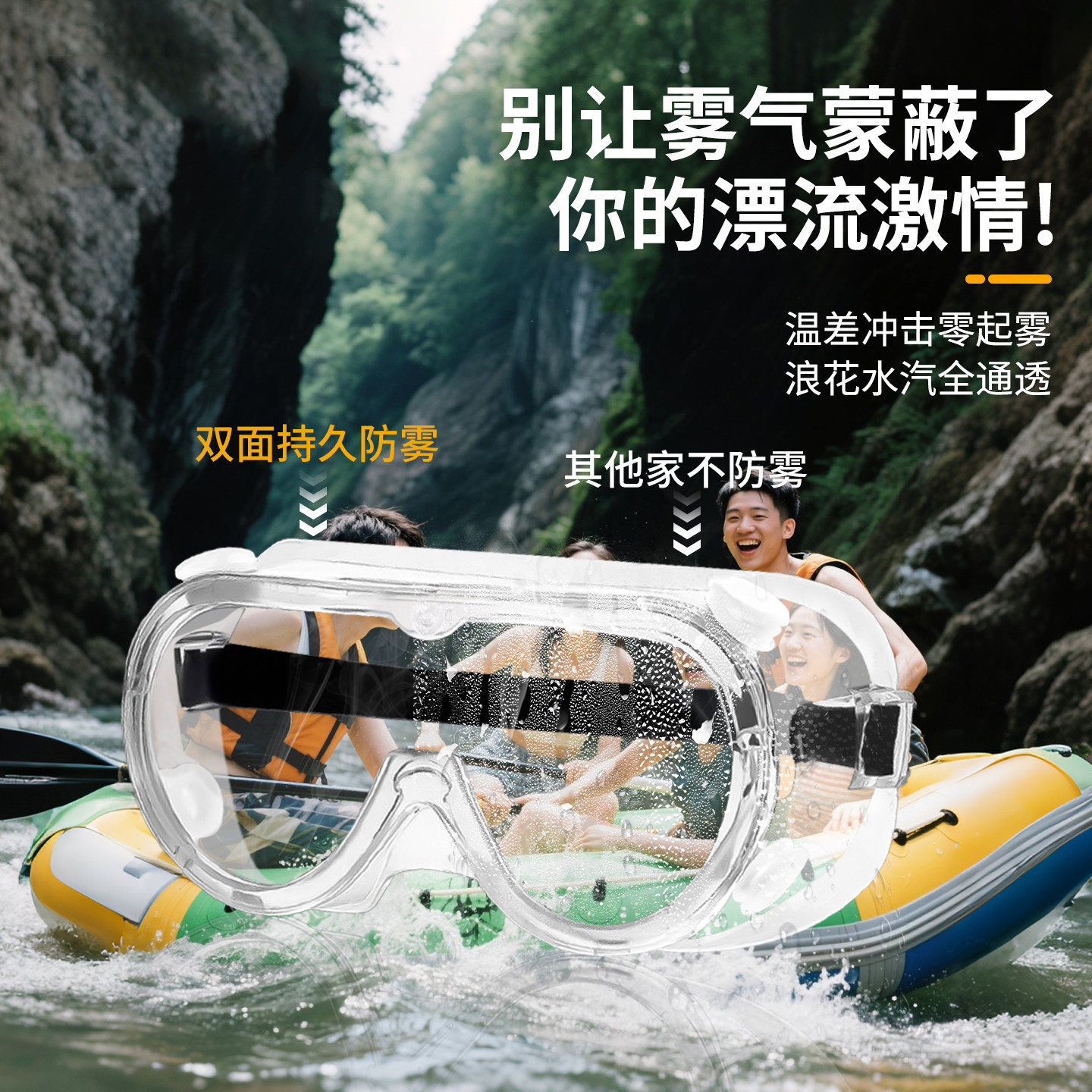 出游露营玩水装备漂流护目镜软防雾可配戴眼镜防灰尘打水仗防飞溅