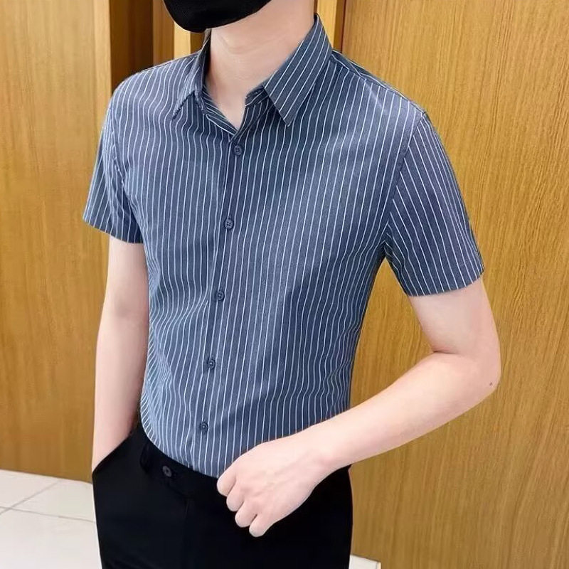 短袖衬衫新款男士夏季冰丝薄款条纹免烫抗皱衬衣休闲商务修身寸衫