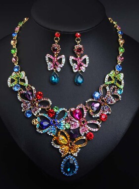 欧美蝴蝶水钻项链耳环套装礼服新娘宴会女配饰批发