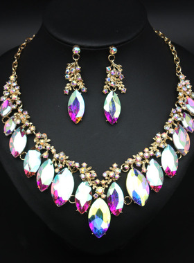 欧美夸张大水晶玻璃项链耳环套装女新娘宴会礼服配饰品批发