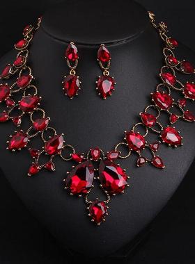 欧美奢华套装水晶玻璃短锁骨项链