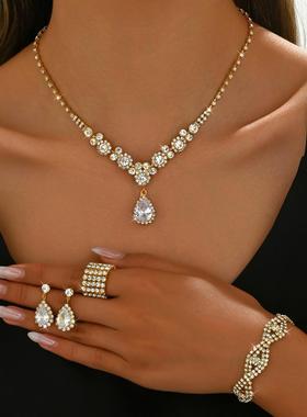 晚礼服配饰耳环新娘婚纱首饰套装璀璨水钻锆石天使泪水滴项链耳坠