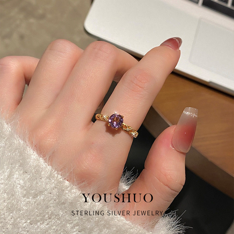 s925纯银戒指女不掉色活口感天然水晶石托帕石轻奢麻花手饰女