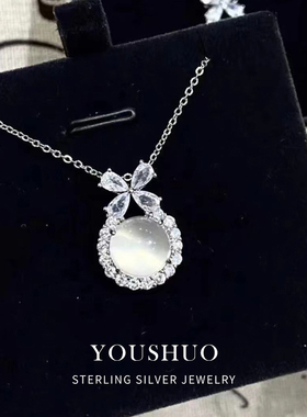 S925纯银在逃公主白玉髓项链女轻奢时尚百搭小众设计蝴蝶结锁骨链
