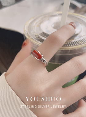 S925纯银南红天然红宝石红色玛瑙文艺气质开口戒指女款