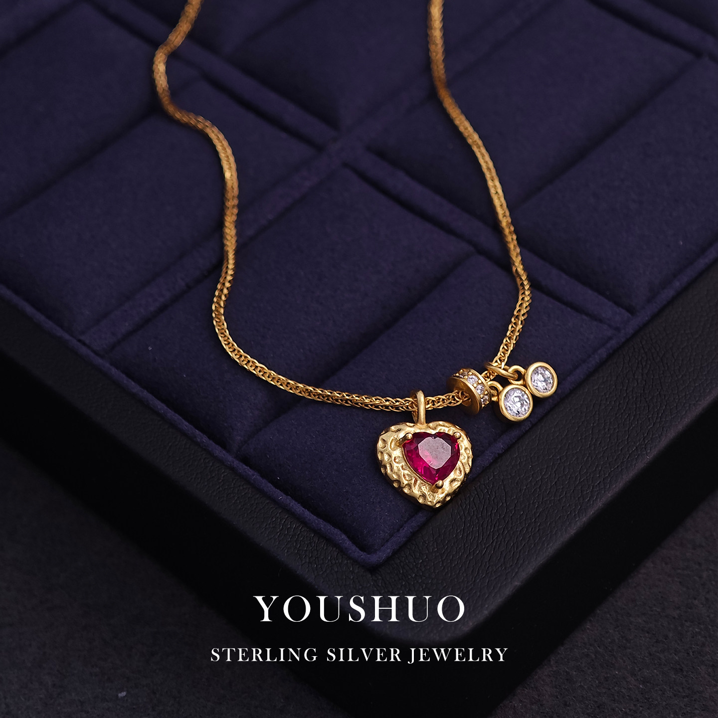 s925纯银红水晶红宝石爱心项链女款红色心形吊坠锁骨链
