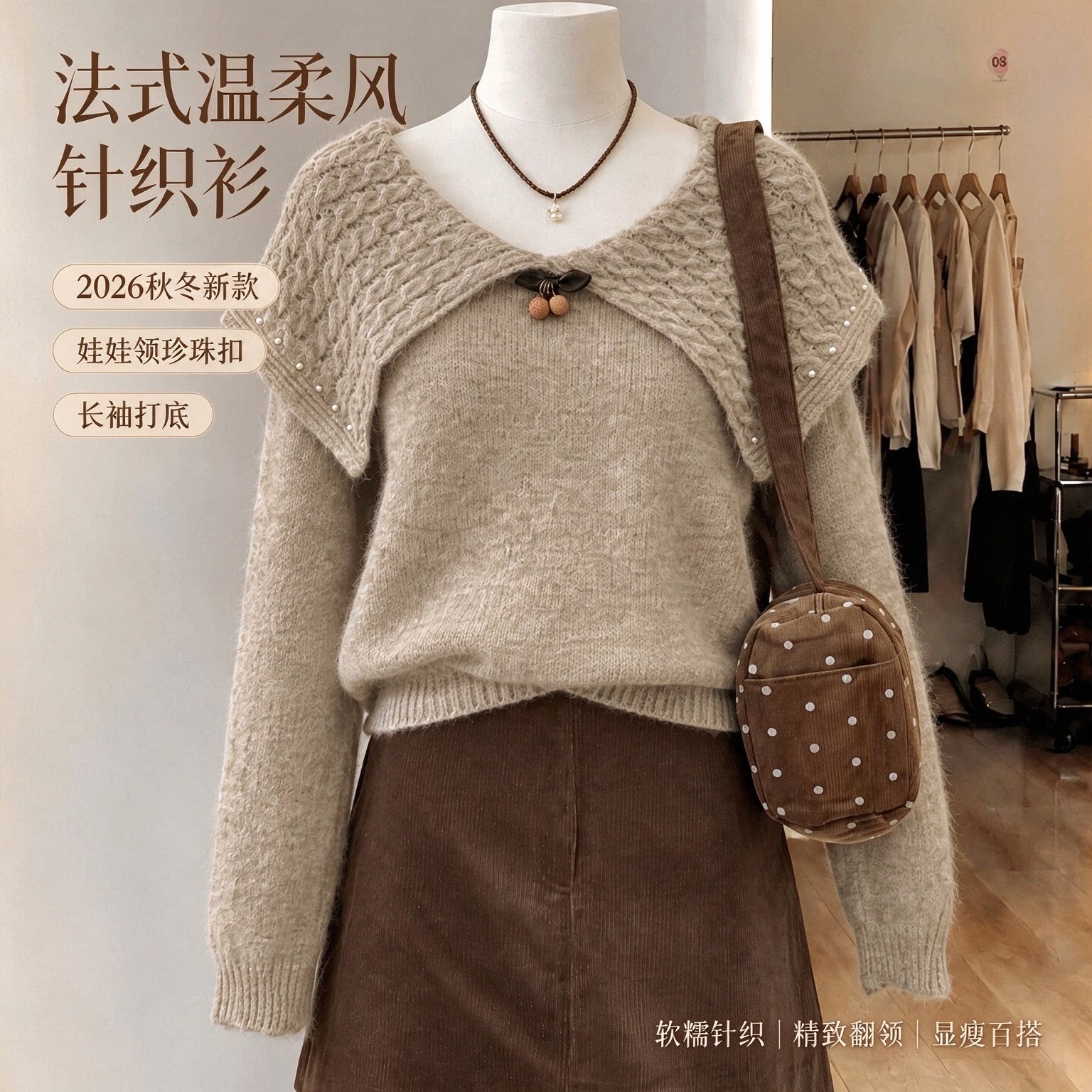 秋冬法式娃娃领珍珠扣针织衫女