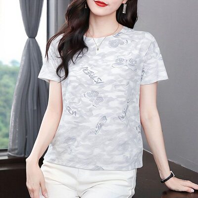 清仓捡漏妈妈中老年短袖T恤女夏季印花圆领宽松百搭显瘦气质上衣