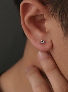 S925纯银八芒星耳钉男潮高级设计感八角女耳骨钉螺纹免摘简约耳饰