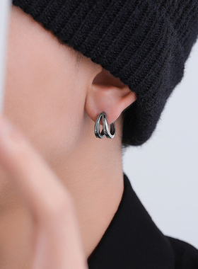 纯银双环耳环男2024新款潮耳饰女潮流个性男款单只网红个性耳钉男