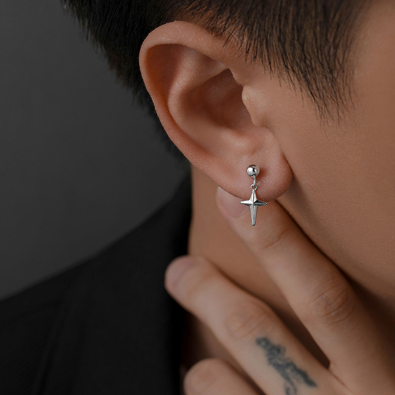 925纯银耳钉星芒十字架吊坠街头嘻哈潮流男潮设计感小众痞帅耳饰