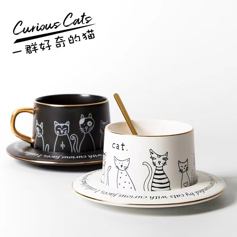 咖啡杯碟套装ins描金好奇的猫
