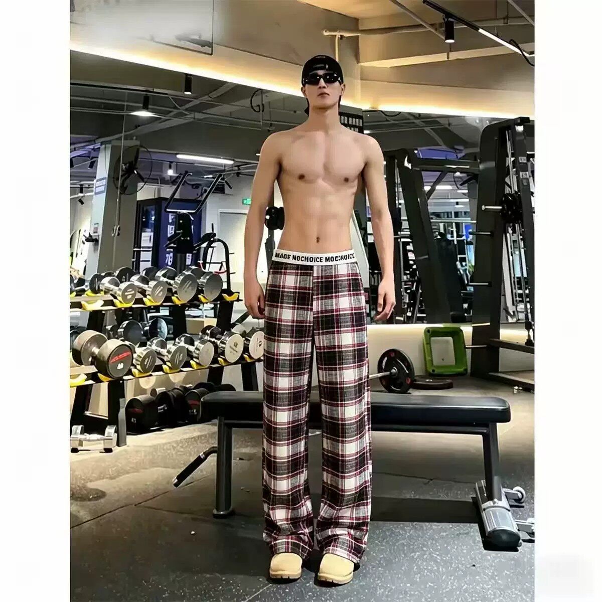 夏季新款蓝色格子裤男女薄款弯刀美式高街微喇裤子直筒休闲运动裤