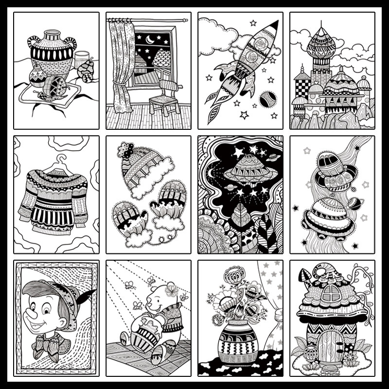 少儿画室绘画创意线描临摹卡美术儿童插画线条装饰线描画临摹画卡