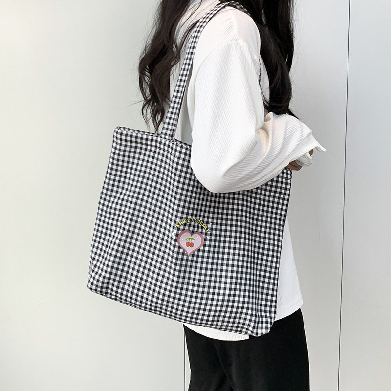 日系复古格子帆布包女