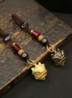 黄铜醒狮钥匙扣吊坠男女汽车钥匙包包挂件五帝钱葫芦装饰品p-158