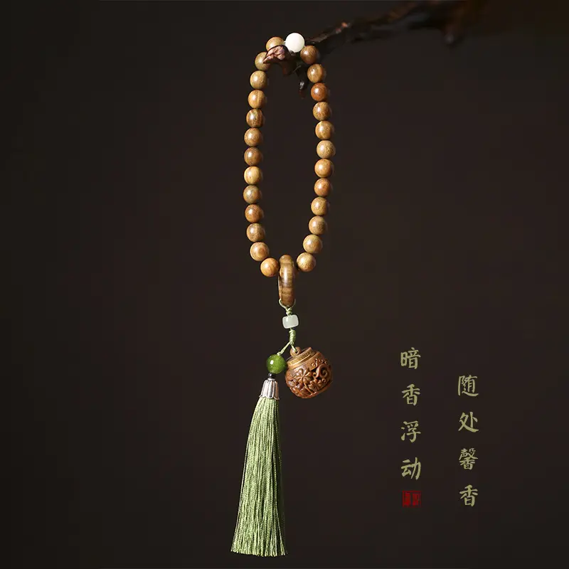 绿檀木手串雕刻莲囊文艺复古风流苏跑环盘玩手持念珠
