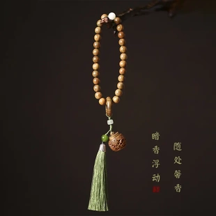 绿檀木手串雕刻莲囊文艺复古风流苏跑环盘玩手持念珠