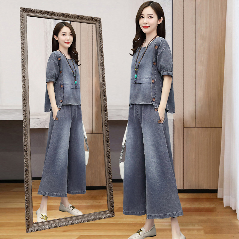 天丝牛仔套装女夏季2025新款两件套阔腿裤宽松韩版显瘦气质休闲裤