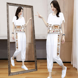 夏天运动套装女2025年新款两件套时尚休闲裤大码遮肚子显瘦九分裤