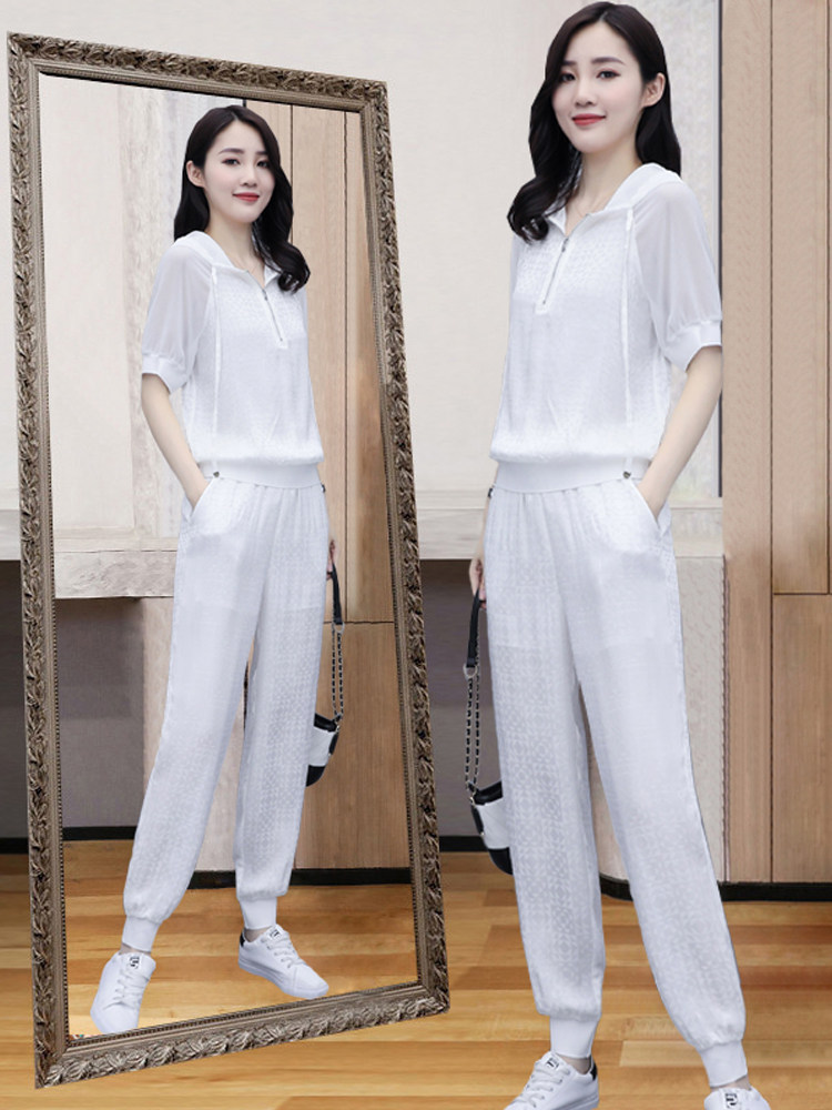 여름 패션 정장 여성 2024 새로운 투피스 세트 서양식 연령 감소 하렘 바지 슬리밍 느슨한 대형 스포츠 바지