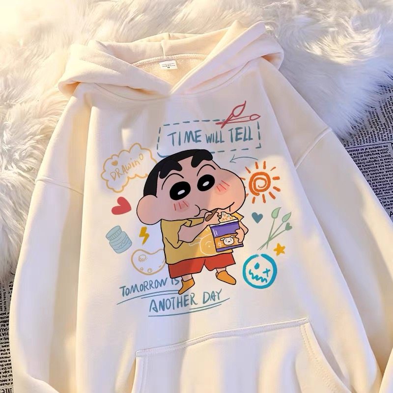 日系卡通蜡笔小新儿童连帽卫衣秋冬季加绒加厚男女童宽松学生上衣