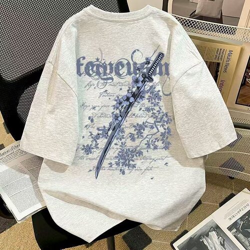 2026美式复古樱花剑印花纯棉短袖T恤男女童夏季宽松百搭学生上衣