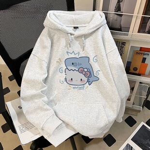 美式鲨鱼凯蒂猫趣味印花连帽卫衣秋冬新款女童学生宽松慵懒风外套