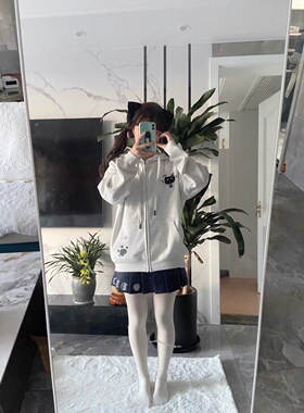 白灰色设计感小众可爱猫咪卫衣开衫女童春秋冬季百搭宽松连帽外套