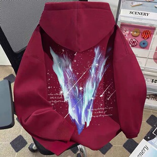 美式高街潮牌大V印花连帽卫衣男女童秋冬季慵懒风宽松百搭外套