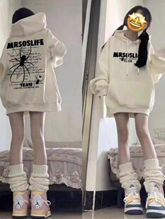 美式复古蜘蛛印花加绒连帽卫衣女童宽松慵懒风oversize秋冬外套潮