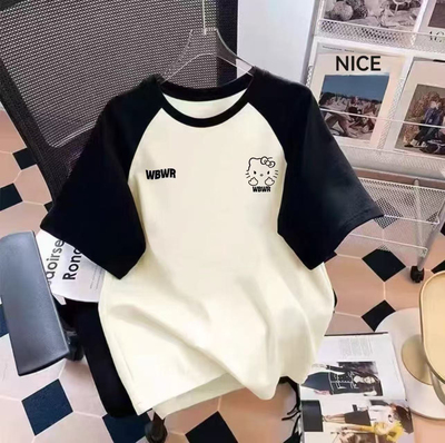 美式复古卡通kt猫印花纯棉T恤插肩短袖女款夏季宽松ins半袖上衣潮