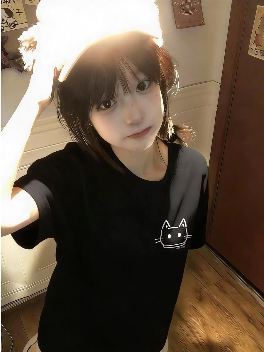 黑色纯棉短袖t恤女童夏季2026新款猫咪印花初中学生宽松半袖上衣