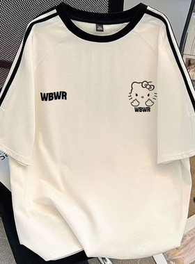 美式三条杠白色kt猫短袖t恤女童夏季2025新款学生宽松半袖上衣潮