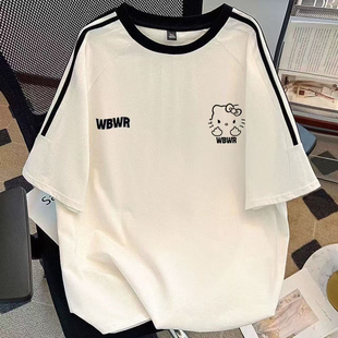 美式三条杠白色kt猫短袖t恤女童夏季2025新款学生宽松半袖上衣潮